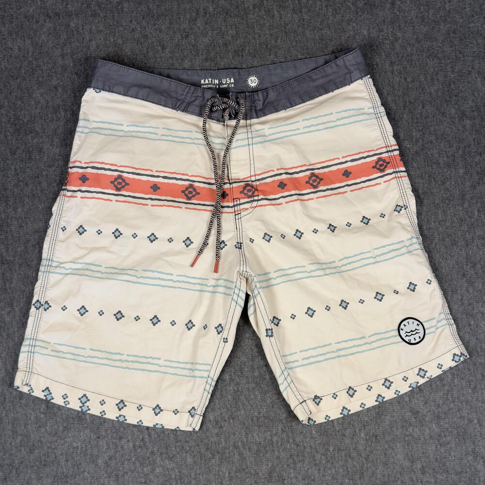 Katin Board Shorts Mens 30 White Stripe Swim Trunks Drawstring Pockets Surf